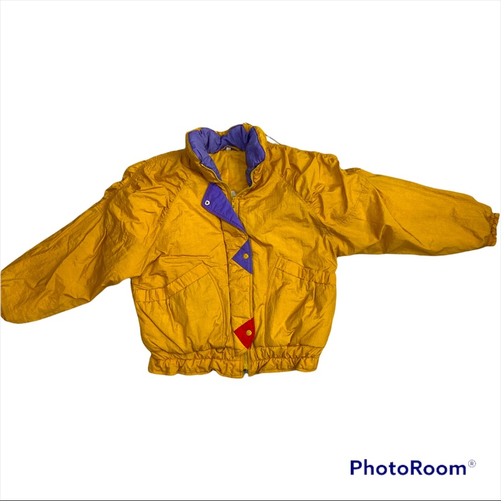 Vintage Womens Puffer Jacket Yellow Gold With Purple Red Accents Size M